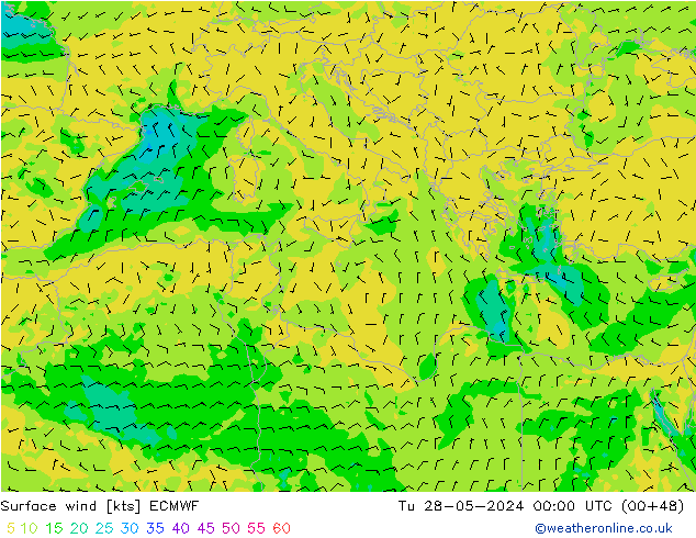 Surface wind ECMWF Út 28.05.2024 00 UTC