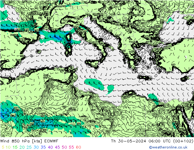 wiatr 850 hPa ECMWF czw. 30.05.2024 06 UTC