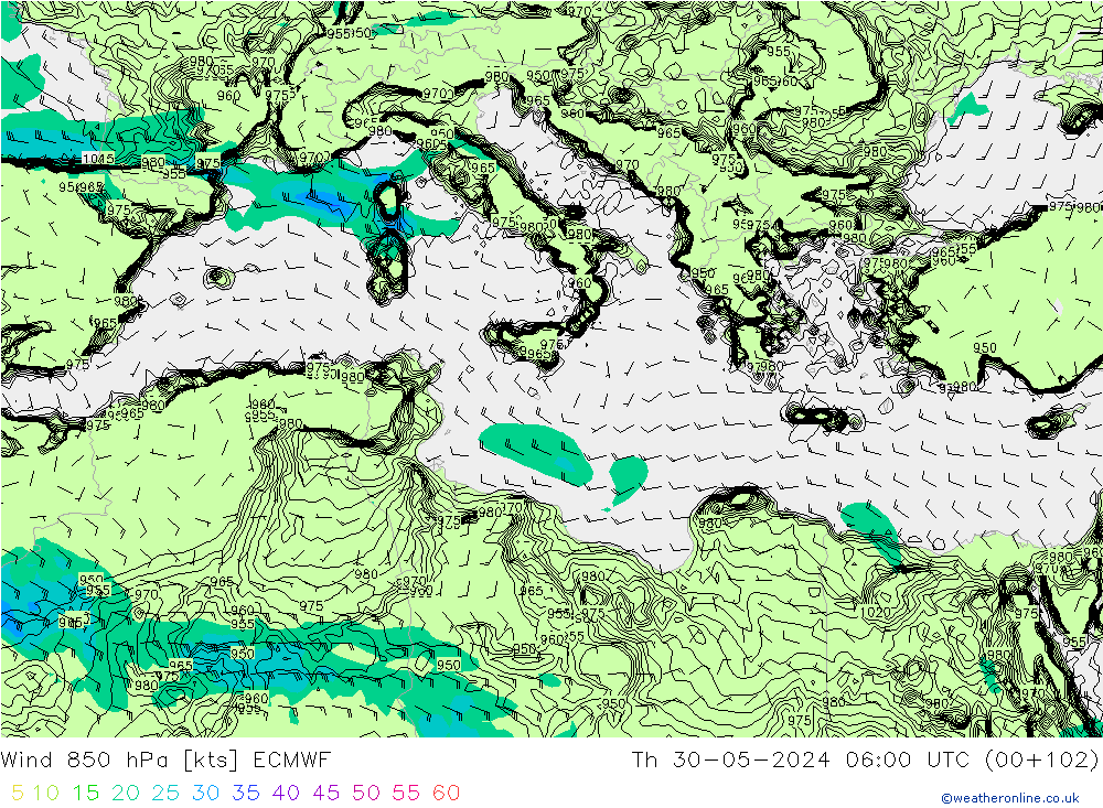 Wind 850 hPa ECMWF Th 30.05.2024 06 UTC