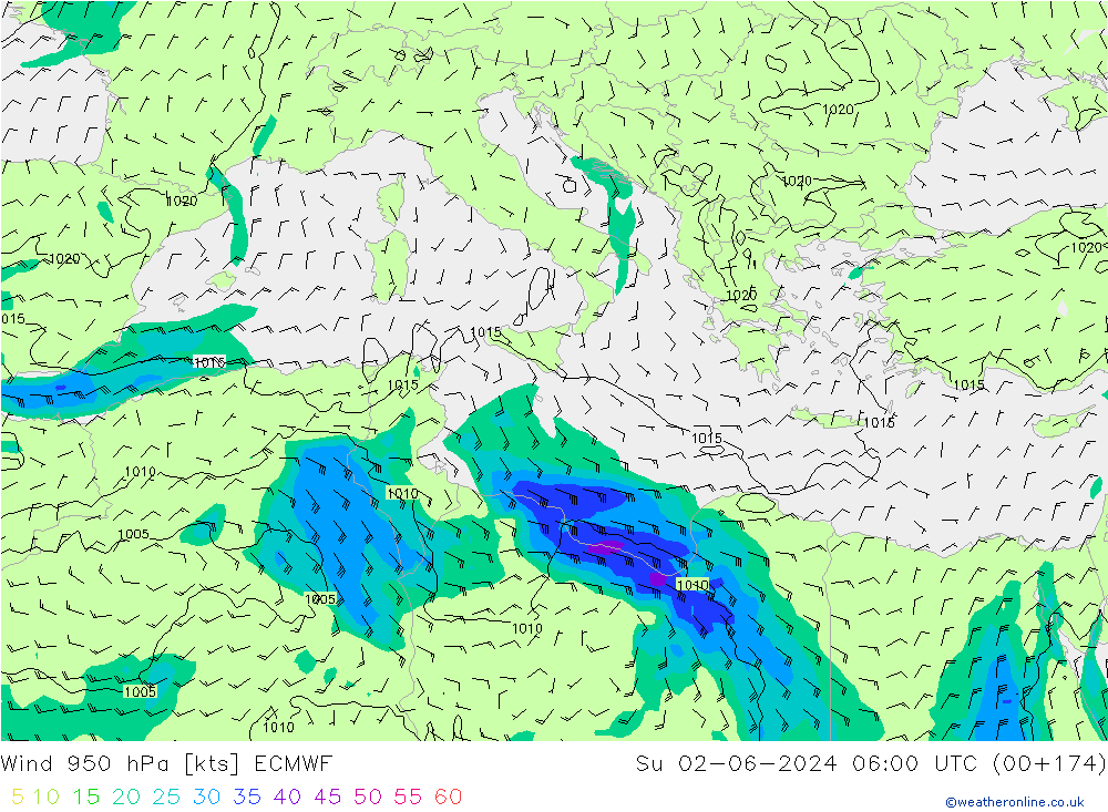 Wind 950 hPa ECMWF Su 02.06.2024 06 UTC