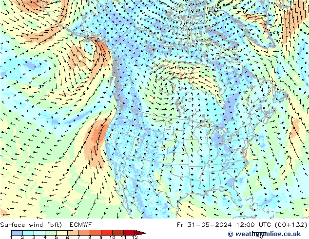 Surface wind (bft) ECMWF Pá 31.05.2024 12 UTC