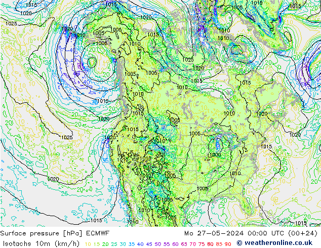 Isotachen (km/h) ECMWF ma 27.05.2024 00 UTC