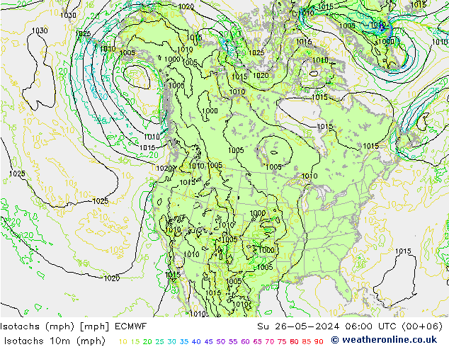 Isotachen (mph) ECMWF So 26.05.2024 06 UTC