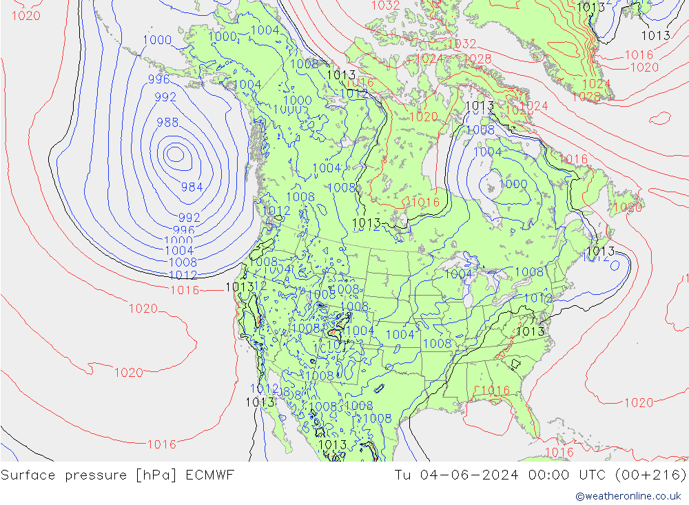 Surface pressure ECMWF Tu 04.06.2024 00 UTC