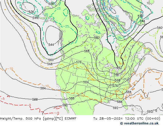 Z500/Rain (+SLP)/Z850 ECMWF wto. 28.05.2024 12 UTC