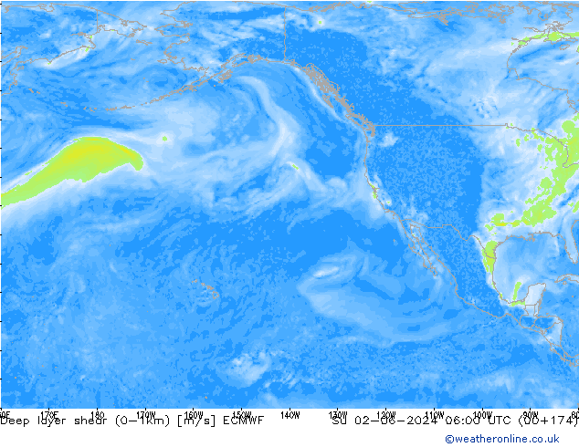 Deep layer shear (0-1km) ECMWF So 02.06.2024 06 UTC