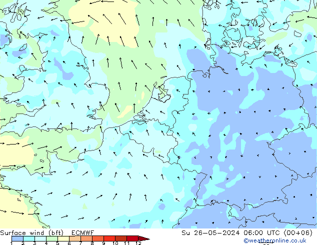 Viento 10 m (bft) ECMWF dom 26.05.2024 06 UTC