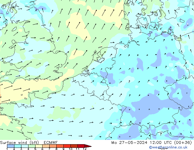 Vento 10 m (bft) ECMWF lun 27.05.2024 12 UTC