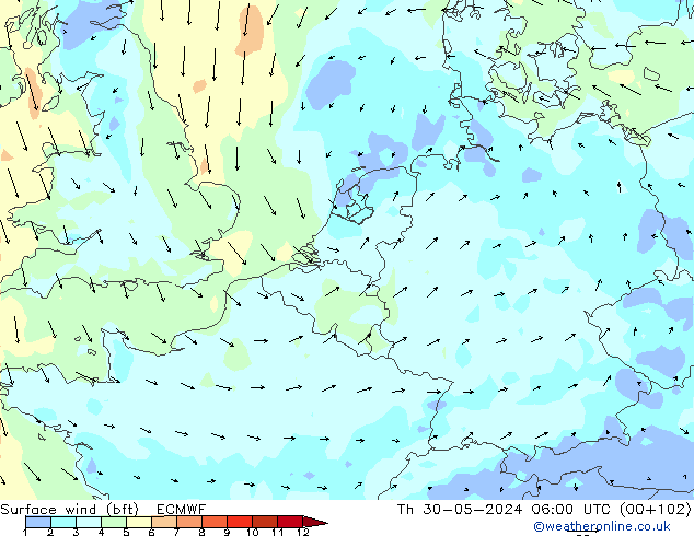 Surface wind (bft) ECMWF Th 30.05.2024 06 UTC