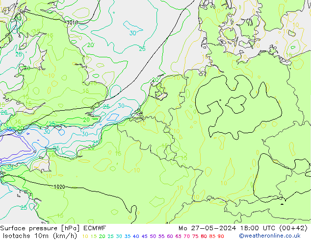 Isotachs (kph) ECMWF Mo 27.05.2024 18 UTC