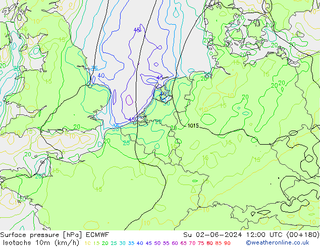 Isotachen (km/h) ECMWF So 02.06.2024 12 UTC