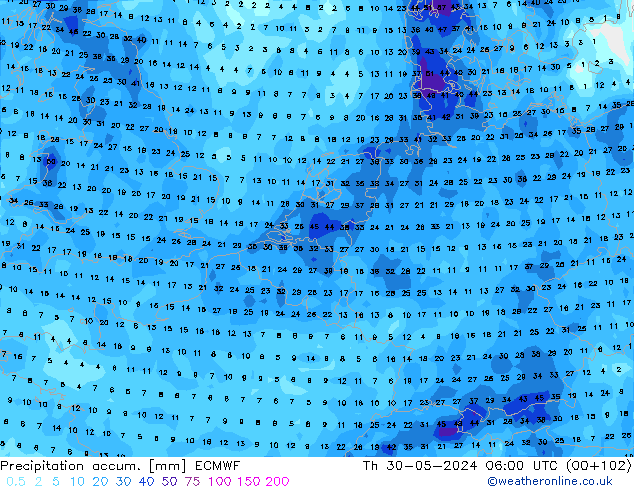 Precipitation accum. ECMWF чт 30.05.2024 06 UTC