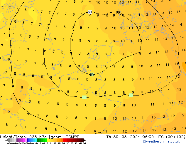 Height/Temp. 925 hPa ECMWF Th 30.05.2024 06 UTC