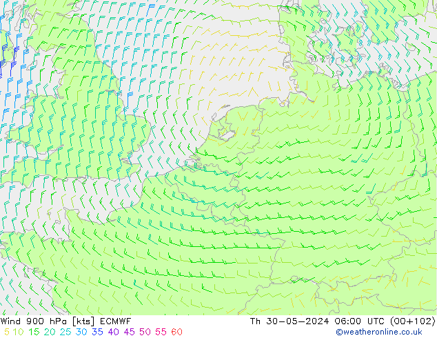 Wind 900 hPa ECMWF Čt 30.05.2024 06 UTC