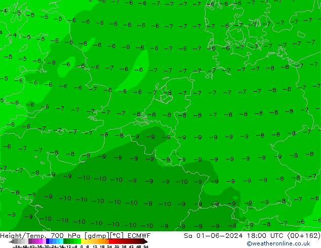 Height/Temp. 700 hPa ECMWF so. 01.06.2024 18 UTC