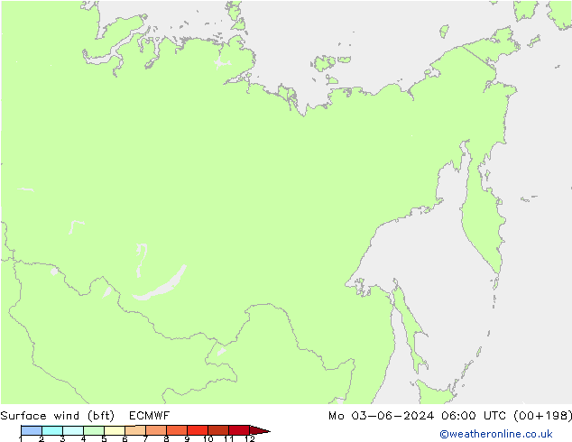 Viento 10 m (bft) ECMWF lun 03.06.2024 06 UTC