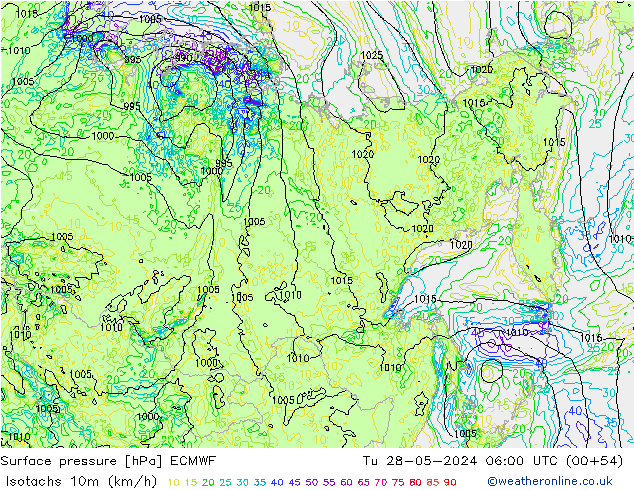 Isotaca (kph) ECMWF mar 28.05.2024 06 UTC