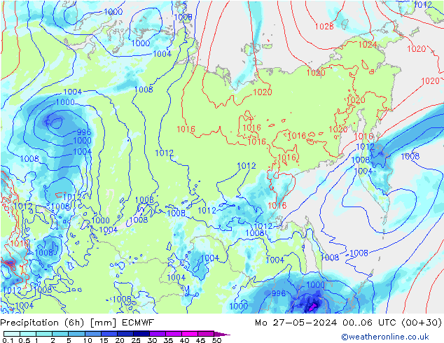Precipitation (6h) ECMWF Mo 27.05.2024 06 UTC