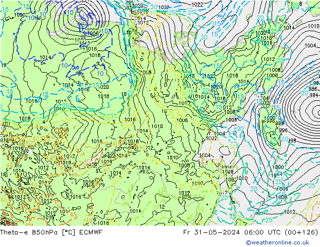 Theta-e 850hPa ECMWF Fr 31.05.2024 06 UTC