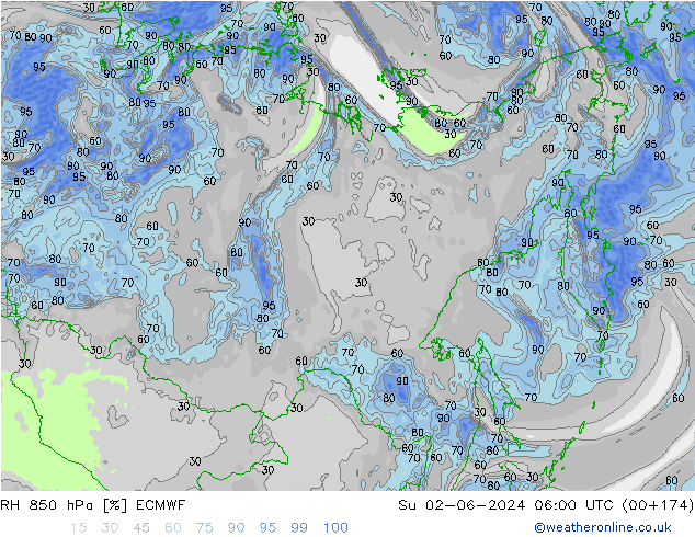 RH 850 hPa ECMWF Dom 02.06.2024 06 UTC