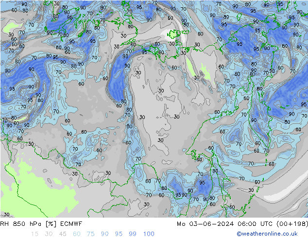 Humedad rel. 850hPa ECMWF lun 03.06.2024 06 UTC