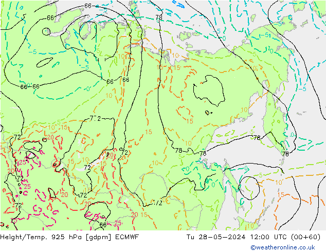 Height/Temp. 925 hPa ECMWF Tu 28.05.2024 12 UTC