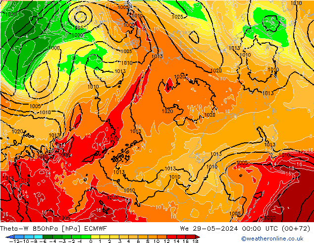 Theta-W 850hPa ECMWF mer 29.05.2024 00 UTC