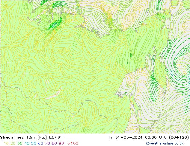 Streamlines 10m ECMWF Fr 31.05.2024 00 UTC