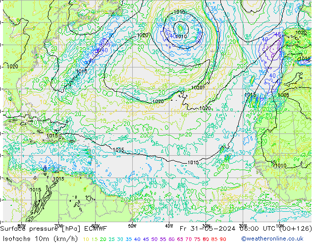 Isotachs (kph) ECMWF ven 31.05.2024 06 UTC