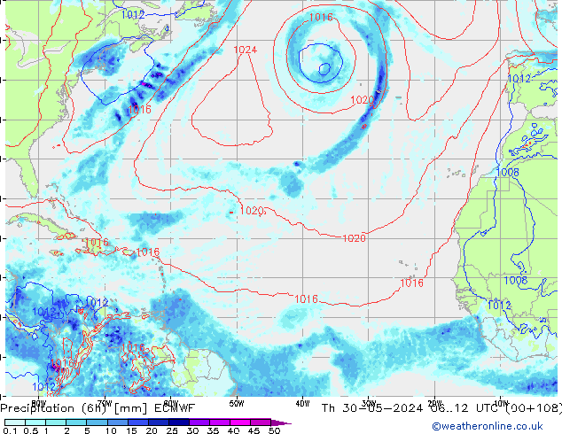 Totale neerslag (6h) ECMWF do 30.05.2024 12 UTC