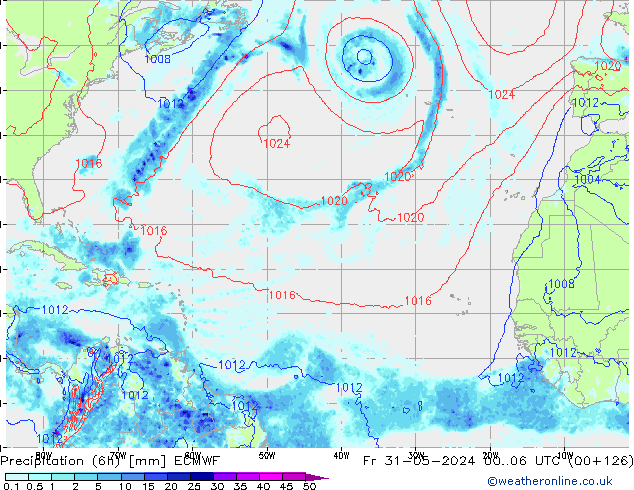 Precipitation (6h) ECMWF Pá 31.05.2024 06 UTC