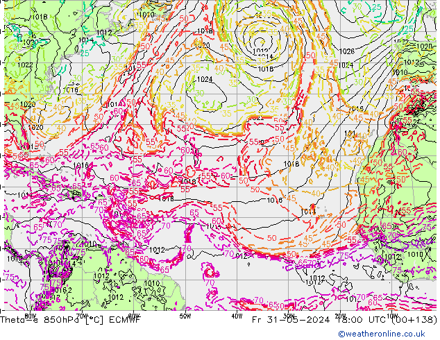 Theta-e 850hPa ECMWF Cu 31.05.2024 18 UTC