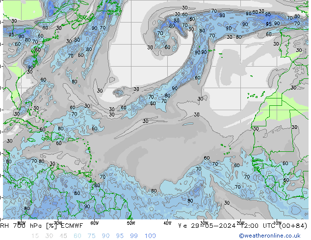 RH 700 hPa ECMWF We 29.05.2024 12 UTC