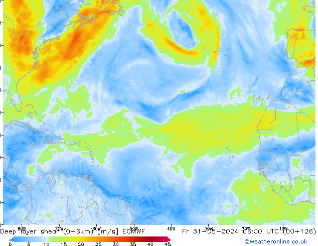 Deep layer shear (0-6km) ECMWF Cu 31.05.2024 06 UTC