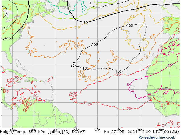 Z500/Yağmur (+YB)/Z850 ECMWF Pzt 27.05.2024 12 UTC
