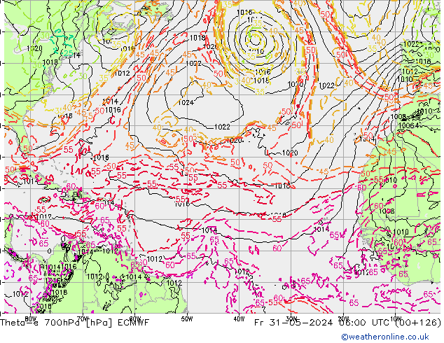 Theta-e 700hPa ECMWF ven 31.05.2024 06 UTC