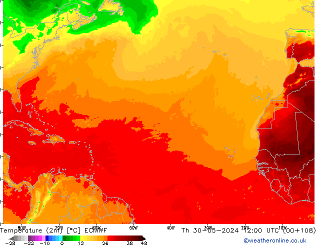 Temperatuurkaart (2m) ECMWF do 30.05.2024 12 UTC