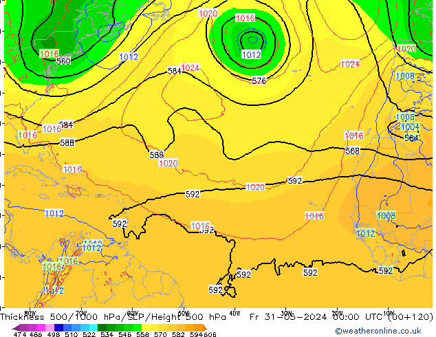 Espesor 500-1000 hPa ECMWF vie 31.05.2024 00 UTC