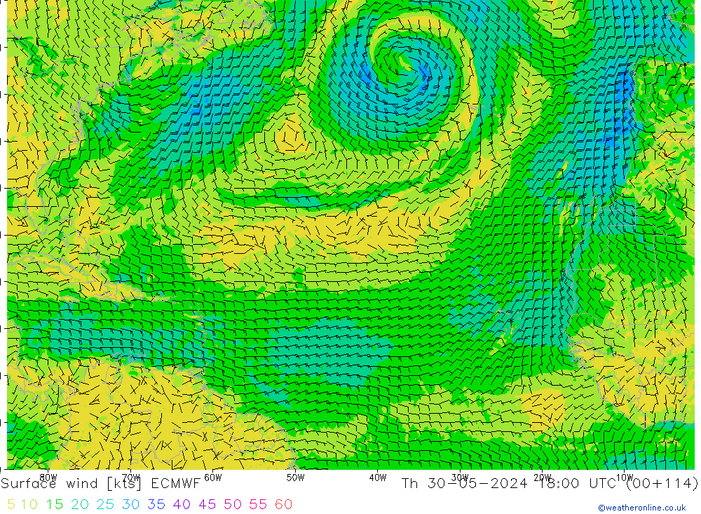 Vento 10 m ECMWF Qui 30.05.2024 18 UTC