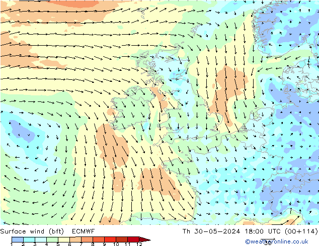 Surface wind (bft) ECMWF Čt 30.05.2024 18 UTC