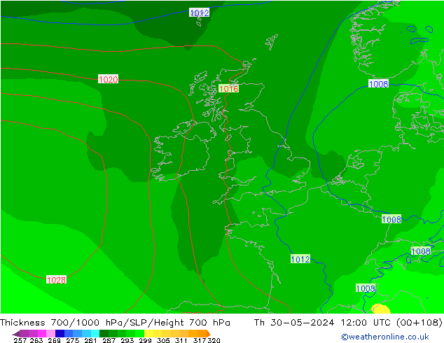 Thck 700-1000 гПа ECMWF чт 30.05.2024 12 UTC