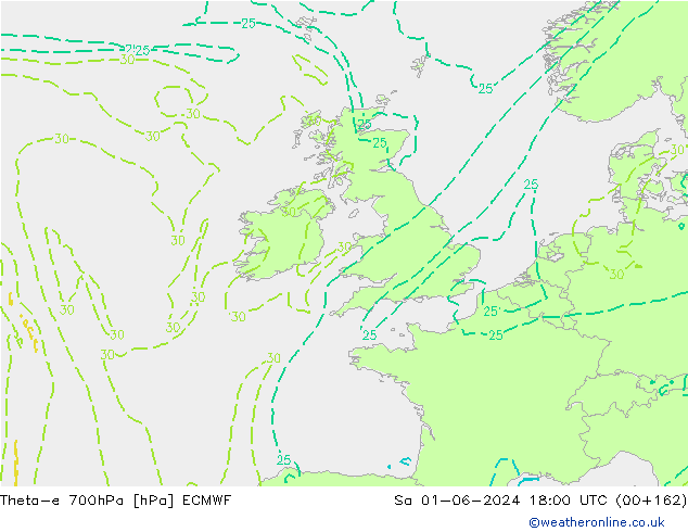 Theta-e 700hPa ECMWF sam 01.06.2024 18 UTC