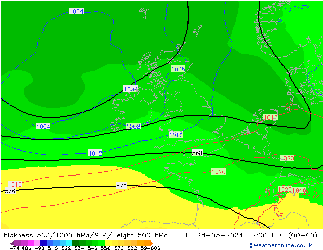 Thck 500-1000hPa ECMWF wto. 28.05.2024 12 UTC