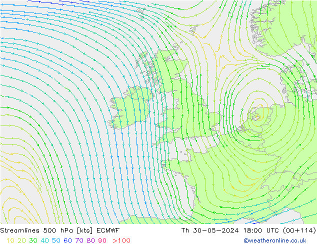 Ligne de courant 500 hPa ECMWF jeu 30.05.2024 18 UTC