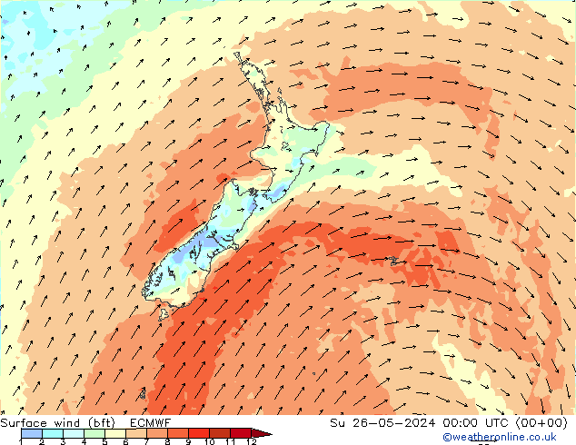 Surface wind (bft) ECMWF Su 26.05.2024 00 UTC