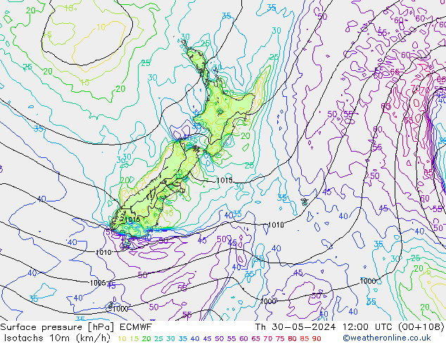 Izotacha (km/godz) ECMWF czw. 30.05.2024 12 UTC