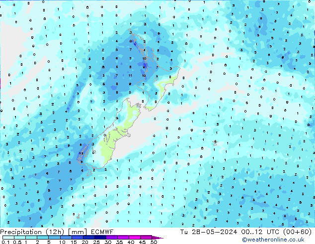 Totale neerslag (12h) ECMWF di 28.05.2024 12 UTC