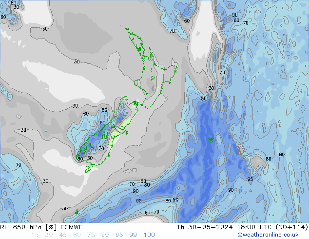 RH 850 гПа ECMWF чт 30.05.2024 18 UTC