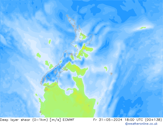 Deep layer shear (0-1km) ECMWF Cu 31.05.2024 18 UTC