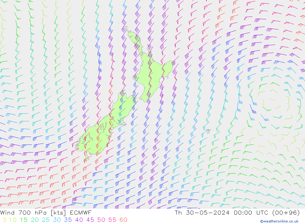 Vento 700 hPa ECMWF gio 30.05.2024 00 UTC